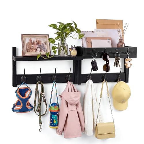 Coat Rack Wall Mount with Shelf & Mail Organizer,29 Inch Wall Shelf with 7 Coat Hooks and 4 Key Hooks for Entryway,Living Room,Bedroom,Offices(Black) - color: Black