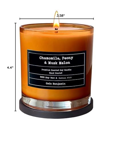 100% Natural Soy Wax Candle by CoCo Benjamin - Highly Scented & Hand-Poured Luxury Candle (Chamomile, Peony & Musk Melon) - Clean Burning Cotton Wick - style: Chamomile, Peony & Musk Melon (Cotton Wick)