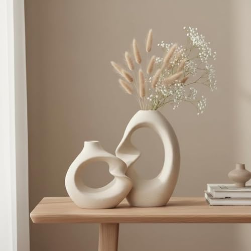 DESI SAMAAN Store Unique White Ceramic Donut Vases | Decorative Donut Vase for Dried Flowers & Pampas Grass (Set of 2) (8.5 & 5.7 Inch (UNIUE VASE)) - size: 8.5 & 5.7 Inch (UNIUE VASE )