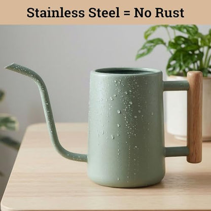 Metal Small Indoor Watering Can with Long Spout & Real Wood Handle, 35oz | Long Spout, Stainless Steel, Real Wood Handle, Gentle Flow, No Spills, Suitable for House Plants, Succulents & Seedlings - color: Sage Green