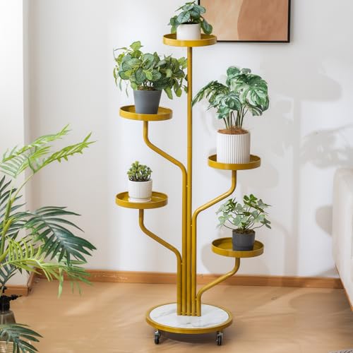 CHPHI 5 Tier Indoor Plant Stand Wrought Iron, Tall Metal Plant Stand with Wheels, Metal Rolling Plant Shelf with 5 Trays, Multi-tier Rolling Display Stand for Home and Office(Gold)
