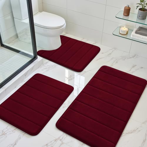 BYSURE Burgundy Red Memory Foam Bathroom Rug Set 3 Piece | Non Slip Extra Soft Absorbent Machine Washable Toilet Bath Toilet Mat 17"x24"+20"x32"+U Shape 20"x24" - color: Burgundy, size: 17"x24"+20"x32"+U Shape 20"x24"