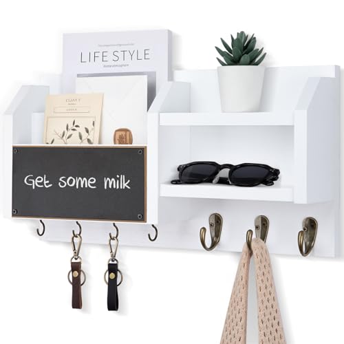 Lwenki Mail and Key Holder – Wall Mount Key Hanger with Shelf and 7 Metal Hooks – Decorative Natural Paulownia Wood Entryway Organizer with Mounting Hardware (16.5”W x 8.7”H x 3.5”D) (White) - color: White