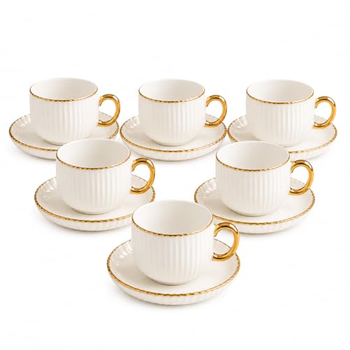 Espresso Cups with Saucers, Set of 6, Stackable Demitasse Coffee Cups with Gold Trim, Lead-Free Ceramic Cappuccino Mugs for Coffee Bar, Latte, Mocha, Tea - Modern Home Cafe (3, Fluid Ounces)