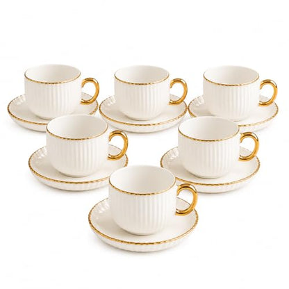 Espresso Cups with Saucers, Set of 6, Stackable Demitasse Coffee Cups with Gold Trim, Lead-Free Ceramic Cappuccino Mugs for Coffee Bar, Latte, Mocha, Tea - Modern Home Cafe (3, Fluid Ounces)