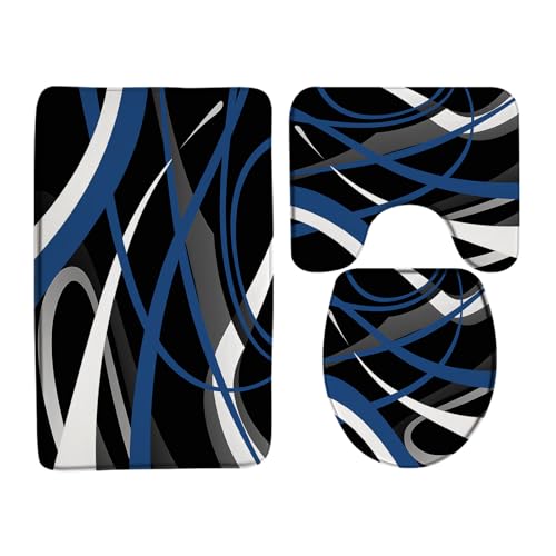 3 Piece Modern Geometric Bath Mat Set Blue Black Gray White Abstract Boho Geometric Striped Mid Century Vintage Farmhouse 19.7x31.5 Inches Bathroom Rugs,Toilet Seat Cover,U-Shaped Floor Rug - color: Black Blue, size: 1'8" x 2'8" (Rectangular)