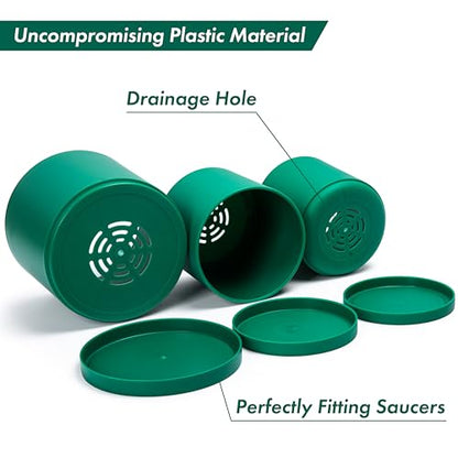D'vine Dev 3-Pack Plastic Pots & Saucers, 6/6.5/8 in, Green, 74-V-D-3 | Multi-Size Options, Lightweight Durable, Matte Finish, Cylinder Shape, Drainage Holes, Sleek Design, Detachable Saucer - color: Green, size: Medium