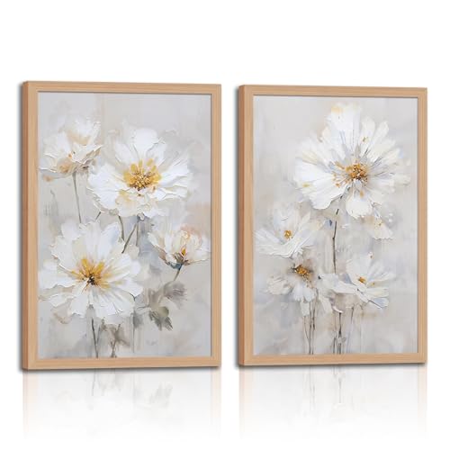 2pcs Framed Modern White Daisy Floral Wall Art -Watercolor Natural Beige Wildflower Canvas Painting -Elegant And Gentle Floral And Plant Artfor Living Room, Bedroom, Office Decor16x24in - color: Watercolor Natural Wildflowers, size: 16x24in