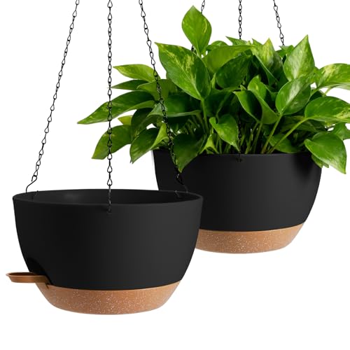 13-inch Oversized Hanging Planter Set of Two,Planters for Indoor and Outdoor Plants.Place Plant pots Across Diverse Settings Including windowsills,Living Room,and Gardens.Black-Brown - color: Black 2 Pack, size: 13 inch