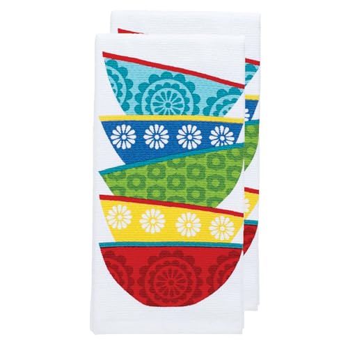 T-Fal Textiles Double Sided Print Woven Cotton Kitchen Dish Towel Set, 2-Pack, 16" x 26", Dish Stack Print
