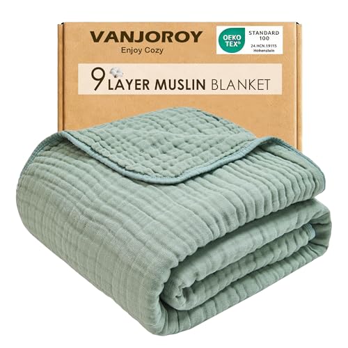 VANJOROY 9-Layer Muslin Throw Blanket Twin 60" x 80" Teal, 100% Cotton Organic Breathable Lightweight Large Throw for Couch Bed Quilt and Bedspread - All Season Muslin Soft Gauze Blanket - color: Teal, size: Twin (60" x 80")