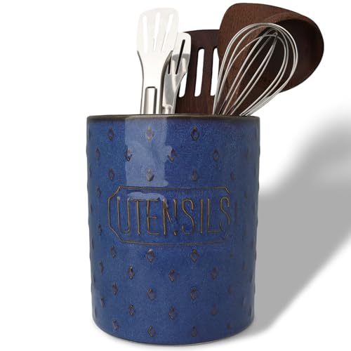 GDCZ Ceramic Utensil Holder 7 Inch, Utensil Crock for Countertop (Blue) | Large 7" Capacity, Sturdy Countertop Tool Organizer, Durable Ceramic, Embossed Utensils - color: Blue