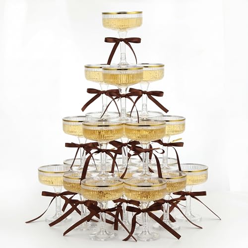 Set of 24 Plastic Champagne Coupe Glasses with Bow 7 oz Gold Champagne Tower Set Stackable Acrylic Ribbed Martini Glasses Cocktail Coupe Cup for Wedding Birthday Party Bar (Bowknot,Brown) - color: Brown, style: Bowknot