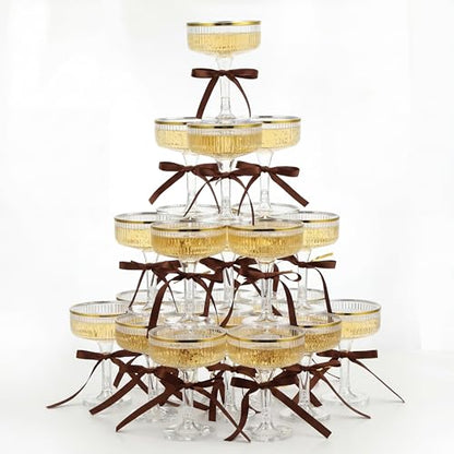 Set of 24 Plastic Champagne Coupe Glasses with Bow 7 oz Gold Champagne Tower Set Stackable Acrylic Ribbed Martini Glasses Cocktail Coupe Cup for Wedding Birthday Party Bar (Bowknot,Brown) - color: Brown, style: Bowknot