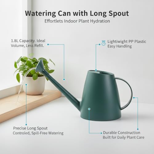 1.8L Long Spout Watering Can for Indoor Plants, Durable PP Plastic Pot Waterer with Precise Flow Control for Home Garden, Balcony & Windowsill - color: Green