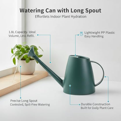 1.8L Long Spout Watering Can for Indoor Plants, Durable PP Plastic Pot Waterer with Precise Flow Control for Home Garden, Balcony & Windowsill - color: Green