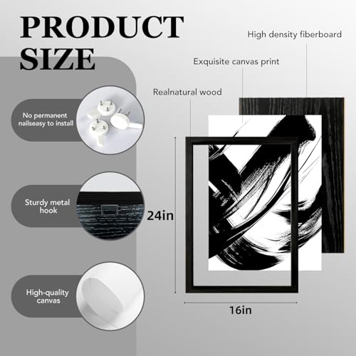 RUURUU 3Pcs Framed Black and White Abstract Canvas Wall Art Modern Minimalist Small Space Wall Decor for Living Room Bedroom Office Brush Stroke Gallery Pictures Posters prints 16x24 Inches - size: 16x24 Inches