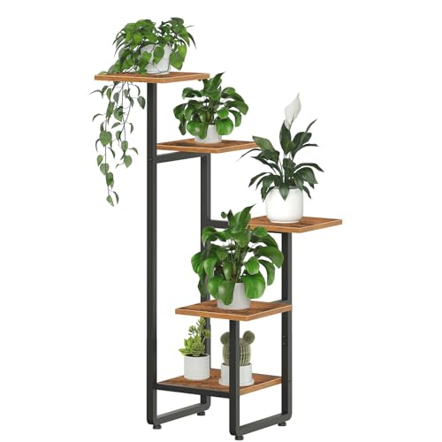 HOOBRO Plant Stand Indoor, 5 Tiered Plant Shelf for Multiple Indoor Plants, Square Corner Plant Stand for Living Room, Balcony, Patio, Rustic Brown and Black BF06HJ01