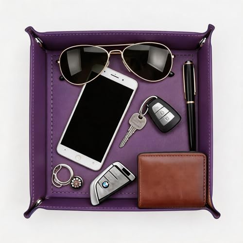 Valet Tray Desktop Storage Organizer – Vegan Leather Catchall Tray Bedside Vanity Tray Nightstand Caddy Holder for Remote Controller, Watch, Keys, Phone, Wallet, Coin, Jewelry, Purple - color: Purple