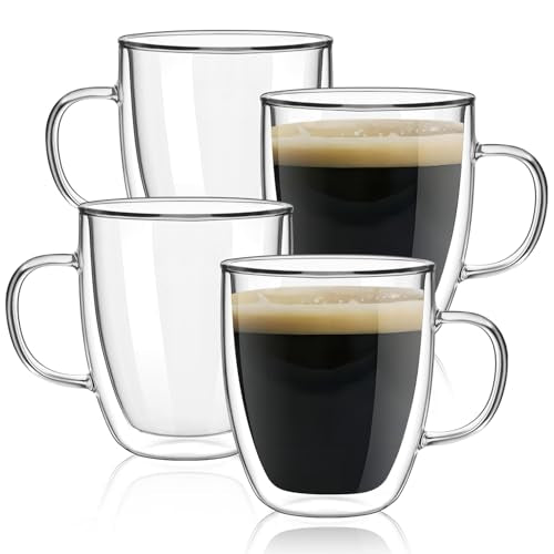 Double Wall Glass Coffee Mugs with Handle, 15 oz Set of 4 | Premium borosilicate, Heat resistant, Sweat proof, For latte, cappuccino, espresso, tea