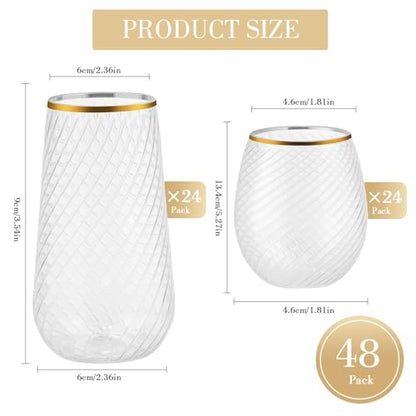 48 Pack Plastic Wine Glasses – 24 x 9oz Stemless Champagne Flutes & 24 x 12oz Disposable Wine Glasses – Elegant Disposable Plastic Cups with Gold Rim – BPA-Free Drinkware for Weddings, Parties-Spiral - color: Gold Rim Hammered