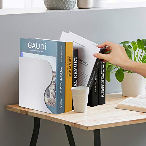 Adjustable Book Ends, Metal Iron Non Skid Boo kends, Expandable Bookcase Bookend Stand Holder Book Storage Rack, Heavy Bookends for Office Desk, Shelf, Stationery (White)