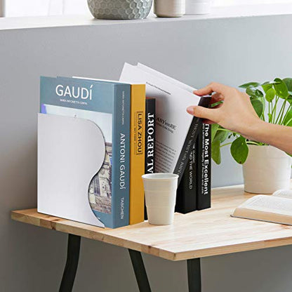 Adjustable Book Ends, Metal Iron Non Skid Boo kends, Expandable Bookcase Bookend Stand Holder Book Storage Rack, Heavy Bookends for Office Desk, Shelf, Stationery (White)