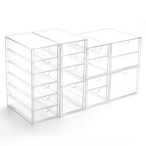 Prsildan 17 Drawers Teacher Toolbox Office Supply Organizer, Set of 4 | Clear Acrylic, Pull Out, Craft Desk Art Supply Accessories Vanity Countertop Bathroom Kitchen Cabinet Makeup Storage - size: 17 Drawers