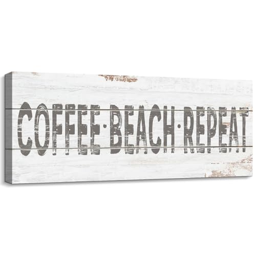 Retro Coffee Beach Repeat Sign Shabby Chic Coastal Bar Decor Inspirational Words Prints on Wood Grain Canvas Country Seaside Coffee Shop Pub Store Decoration Summer Beach House Supplies 6x17inch - color: AA25-54-coffee beach repeat, size: 17"L x 6"W