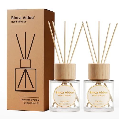 Reed Diffuser Set, Binca Vidou Lavender & Vanilla Natural Scent Oil Diffusers with Sticks for Home Office Bathroom Aromatherapy Decor 1.69oz x 2 - color: Lavender & Vanilla