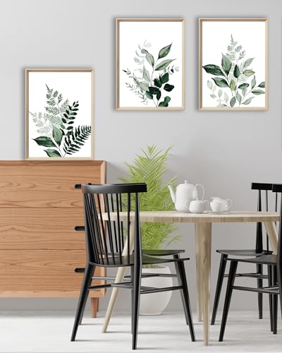 UPWOIGH Olive Leaf Framed Botanical Wall Art, 12 x 16 Inch, Set of 3 | Watercolor Fern, Olive and Eucalyptus Leaf Prints, Soft Green Tones, Light Wood Frames for Bedroom, Office and Gallery Wall - color: Olive Leaf Green MDF