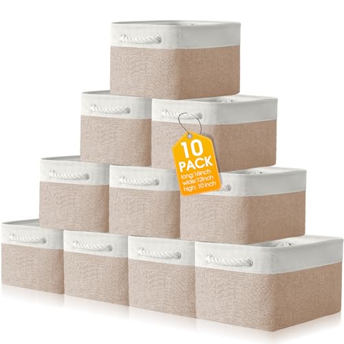 FoldTier 10 Pack Large Collapsible Fabric Storage Baskets with Handles Decorative Storage Bins for Organizing Shelves Toys Clothes(White & Beige,16 x 12 x 10 Inches) - color: White & Beige, size: 16 x 12 x 10 inches