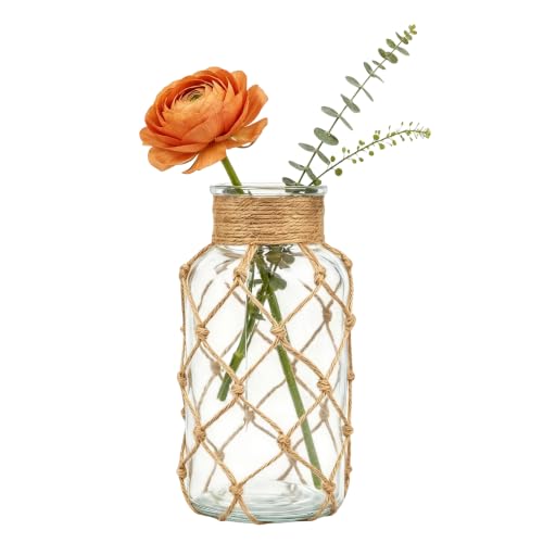 1 Pcs 500ml Clear Glass Vase Bud Vases Apothecary Jars Decorative Glass Bottles Vintage Small Glass Flower Vases with Rope Wrapping Design for Home Decor Centerpiece Wedding Party Table Vase (Clear)