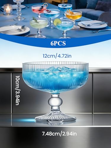 Martini Glasses Set of 6, 320ml Ribbed Cocktail Glasses with Stem, Vintage Coupe Glasses for Espresso Martini, Margarita, Champagne & Dessert, Dishwasher Safe