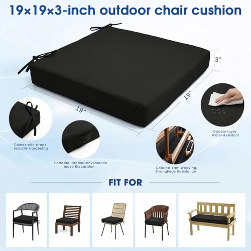 Outdoor Chair Cushions Set of 4, 19x19 Waterproof Patio Pads, Black | Fade resistant fabric with ties, handle and 3-inch foam for dining seats, decks, porches, gardens and hard seating - color: Black