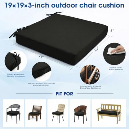 Outdoor Chair Cushions Set of 4, 19x19 Waterproof Patio Pads, Black | Fade resistant fabric with ties, handle and 3-inch foam for dining seats, decks, porches, gardens and hard seating - color: Black