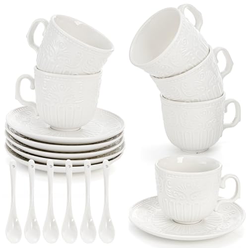 ZAVOOS Set of 6 Tea Cup and Saucer with Spoons, 6 Oz | Small Vintage Porcelain Tea Cup, Unique Embossed Floral Cappuccino Cups Sets for Latte, Cafe Mocha, Tea Party Decoration