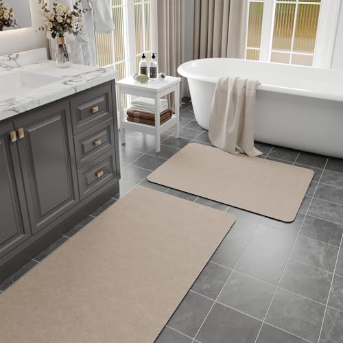 Bathroom Mat Rugs Sets 2 Piece Stone Bath Mats for Bathroom, Taupe | Non-Slip Thin Bath Mat Quick Dry Super Absorbent Diatomaceous Earth Bathroom Rug with Rubber Backed for Shower Floors - color: Taupe, size: 47" x 17" + 24" x 17" (Rectangular)