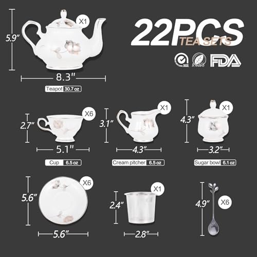 CHENP.HMC Porcelain Ceramic 22-Piece Tea Set, Teapot and Cup Set, 30.7 Ounces, for 6, Gift Sets, Tea or Coffee Lovers, Wedding, Birthday - color: Flower