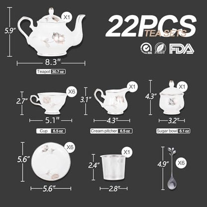 CHENP.HMC Porcelain Ceramic 22-Piece Tea Set, Teapot and Cup Set, 30.7 Ounces, for 6, Gift Sets, Tea or Coffee Lovers, Wedding, Birthday - color: Flower