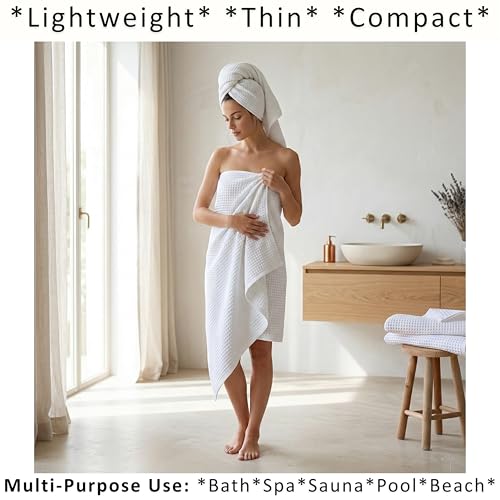 PÜSKÜL 2-Piece Natural 100% Turkish Cotton Waffle Bath Towels Extra-Large | White, 32x63" Bath Sheet Towel, Light Soft Absorbent Quick-Dry Lint-Free Premium Honeycomb Weave Oeko-Tex Made in Turkiye - color: White