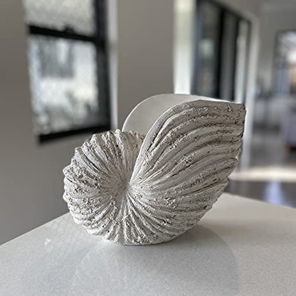 Large Nautilus Shell Sculpture, White Seashell Beach Decor | Rustic white polyresin nautilus replica; 9.8 x 5.9 x 7.9 in; coastal shelf, tabletop, ocean-theme decor; gift boxed