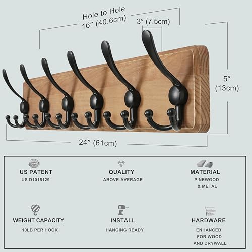 Coat Rack Wall Mounted - 24" Long 6 Tri Hooks, Heavy Duty Wooden Wall Coat Hanger Coat Hook for Clothes Hat Jacket Clothing, Weathered Yellow and Black - color: Weathered Brown & Black, size: L=24"