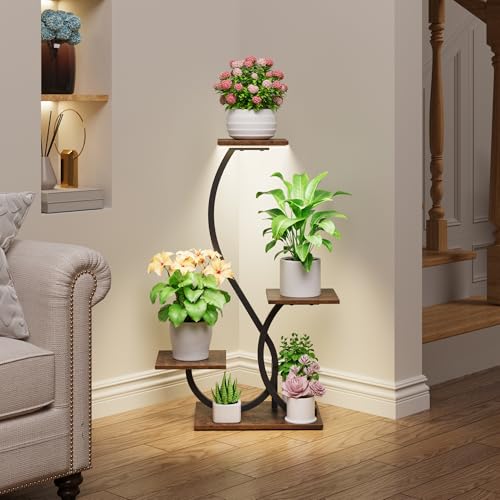 BACEKOLL Plant Stand with Grow Lights 4 Tier Metal Indoor Plant Shelf 32" | S-Shaped Corner Plant Stands Indoor, Grow Light Dimmable Timer, 17" Spacing, Anti-tip Straps, Easy Setup, Black Plant Shelves