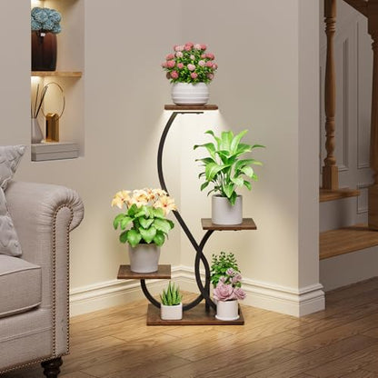BACEKOLL Plant Stand with Grow Lights 4 Tier Metal Indoor Plant Shelf 32" | S-Shaped Corner Plant Stands Indoor, Grow Light Dimmable Timer, 17" Spacing, Anti-tip Straps, Easy Setup, Black Plant Shelves
