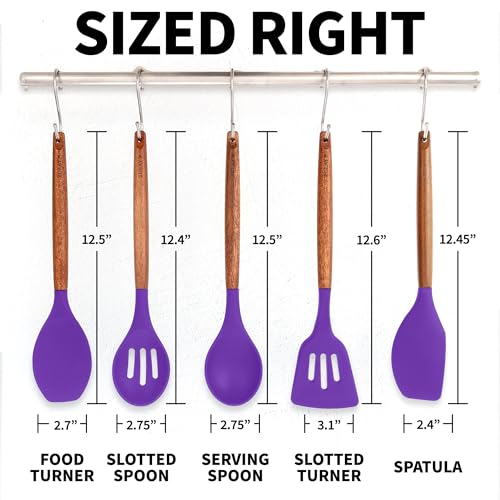 Zulay Kitchen 5 Piece Silicone Utensil Set | Non-Stick Silicone Cooking Utensils Set with Acacia Wood Handles - 464°F Heat Resistance Kitchen Utensils Set - Purple - color: Purple, size: 5-Piece Set