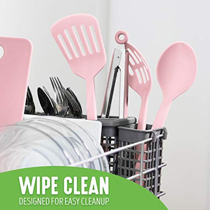 GreenLife Cooking Tools and Utensils, 7 Piece Nylon Set including Spatulas Turner Spoons and Tongs, Heat Resistant Spatula and Spoons, BPA-Free, Pink - color: Soft Pink