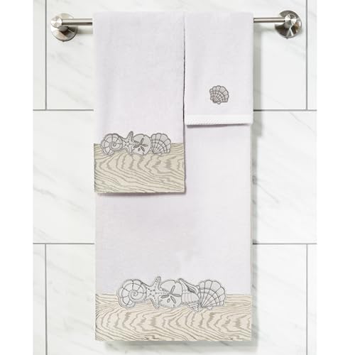 Seaside 4-Piece Luxury Towel Set, Sparkling Seashell Applique, Plush Turkish Cotton, Durable & Quick Dry, Nautical Bath Ensemble, 2 Bath 2 Hand Towels, Silver - color: Silver, size: 2 Pcs Bath 2 Pcs Hand Towel