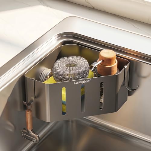 Kitchen Sink Sponge Holder, Gray (1 Pack) | Rustproof carbon steel with fast drainage holes, 2 stainless hooks & 4 pads. No-drill adhesive triangle for corner sink - size: Triangle Kitchen Sink Sponge Holder