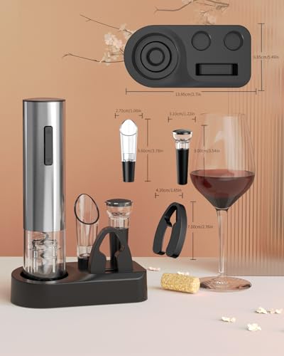 CIRCLE JOY 6-in-1 Electric Wine Opener Set Rechargeable Stainless Steel Wine Opener Gift Set with Foil Cutter, Rechargeable & Manual Wine Aerator Pourers, Vacuum Wine Stopper and Storage Base, Silver - color: 6-in-1 Silver